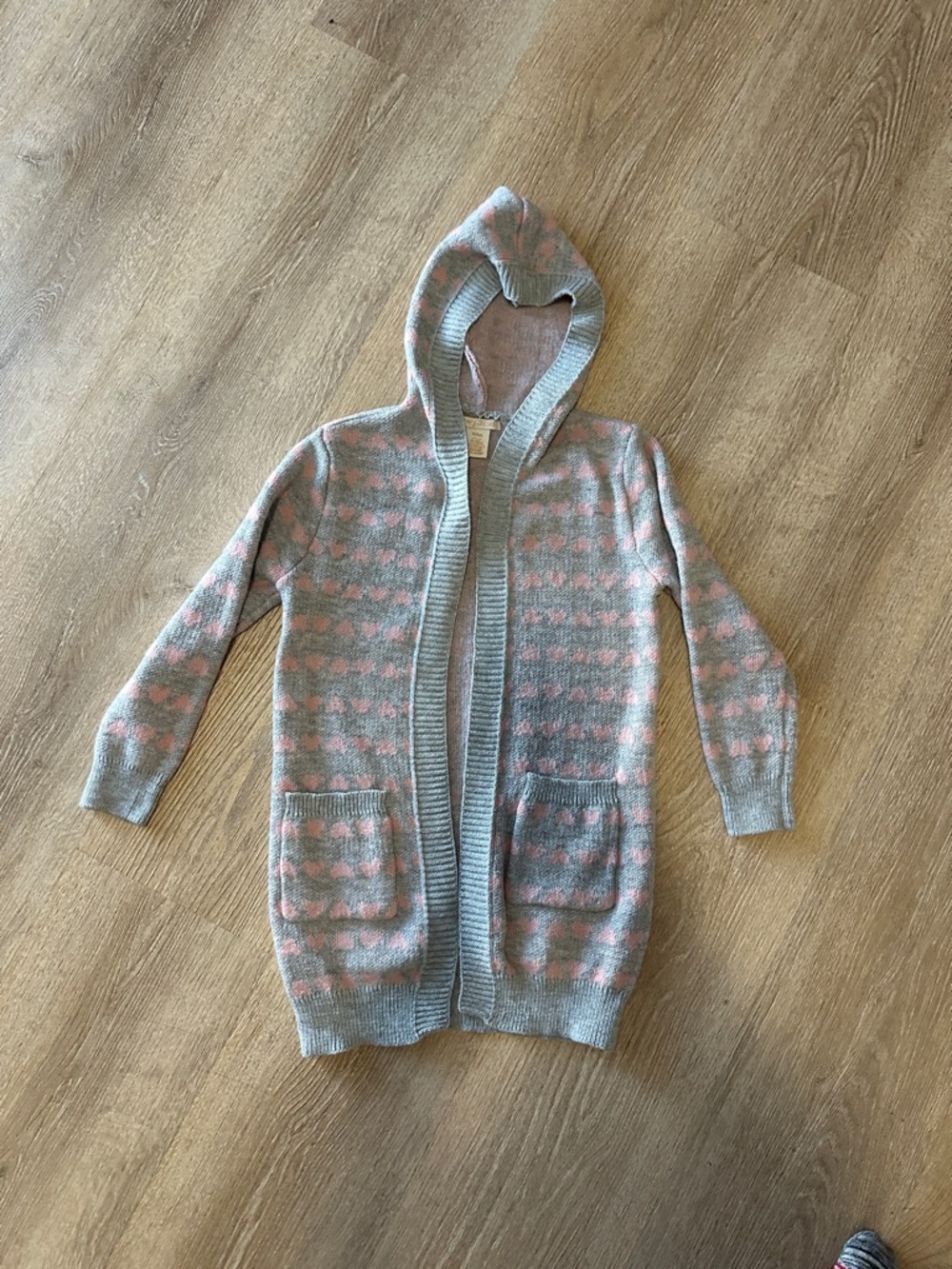Girls' Hooded Open-Front Sweater Cardigan in Gray & Pink